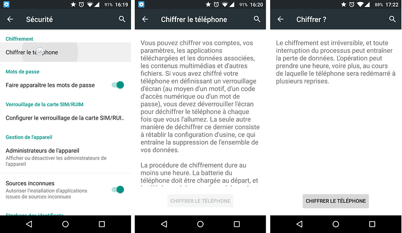 Les menus d'Android pour activer le chiffrement